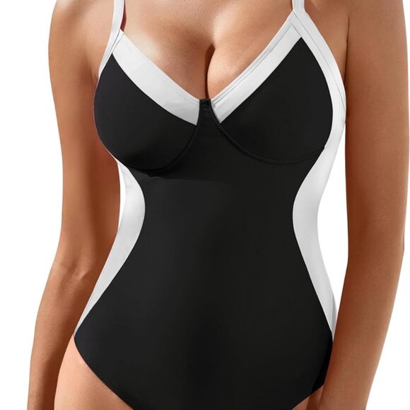 Women's One-Piece Swimsuit Tummy Control Bathing Suit Slimming Color Black XL - Picture 3 of 6